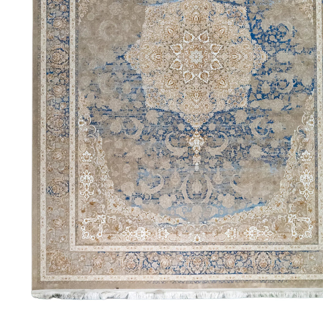 8' 2" x 11' 6" - BEIGE AND BLUE MACHINE MADE FLORAL TURKISH RUG ( 249 x 350 CM )