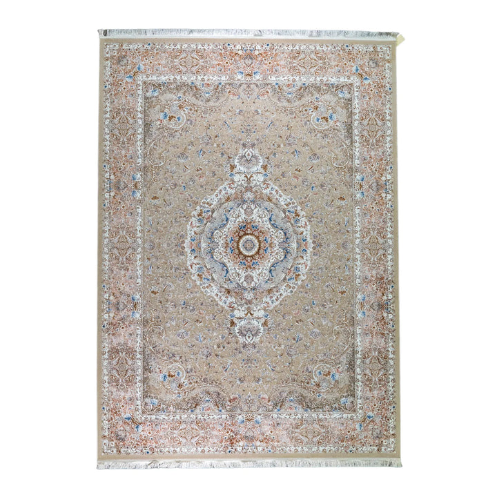 8' 2" x 11' 6" - WHITE AND BEIGE MACHINE MADE FLORAL TURKISH RUG ( 249 x 350 CM )