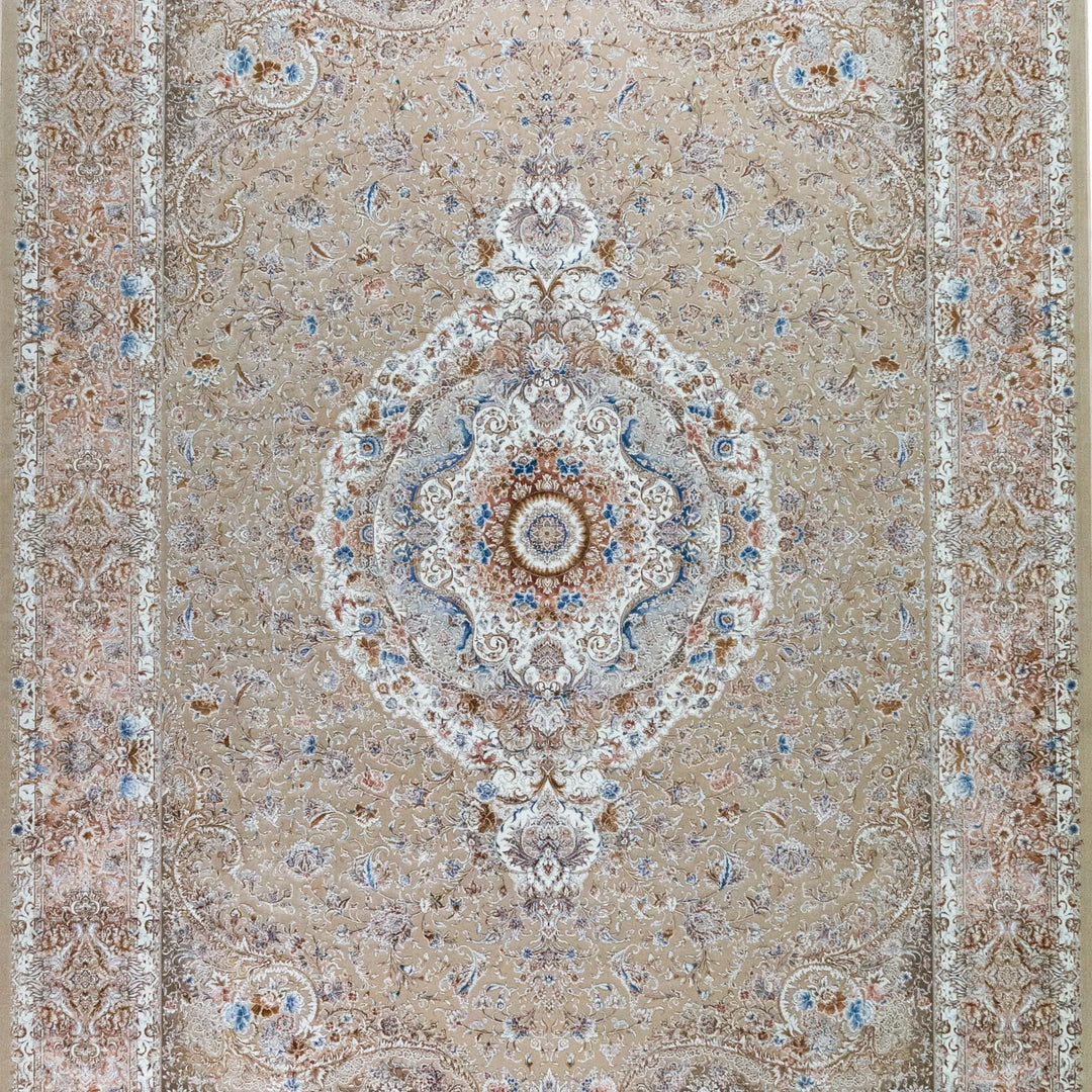 8' 2" x 11' 6" - WHITE AND BEIGE MACHINE MADE FLORAL TURKISH RUG ( 249 x 350 CM )