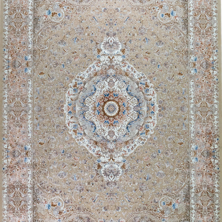 8' 2" x 11' 6" - WHITE AND BEIGE MACHINE MADE FLORAL TURKISH RUG ( 249 x 350 CM )