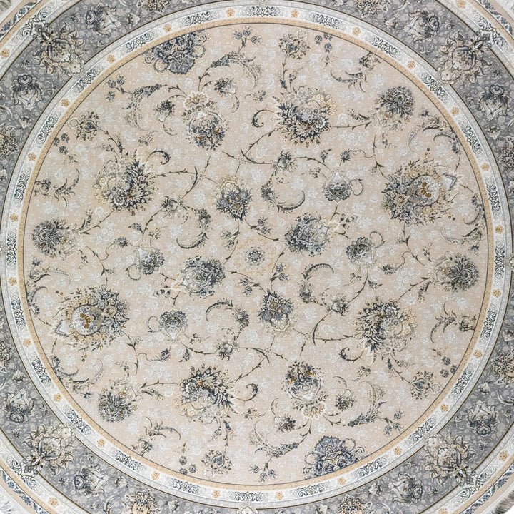 9' 10" x 9' 10" - WHITE AND BEIGE MACHINE MADE FLORAL TURKISH RUG ( 300 x 300 CM )