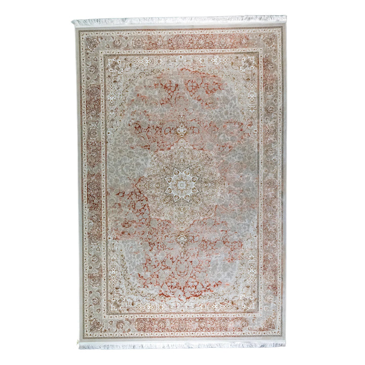 6' 7" x 9' 10" - BEIGE AND PINK MACHINE MADE FLORAL TURKISH RUG ( 200 x 300 CM )