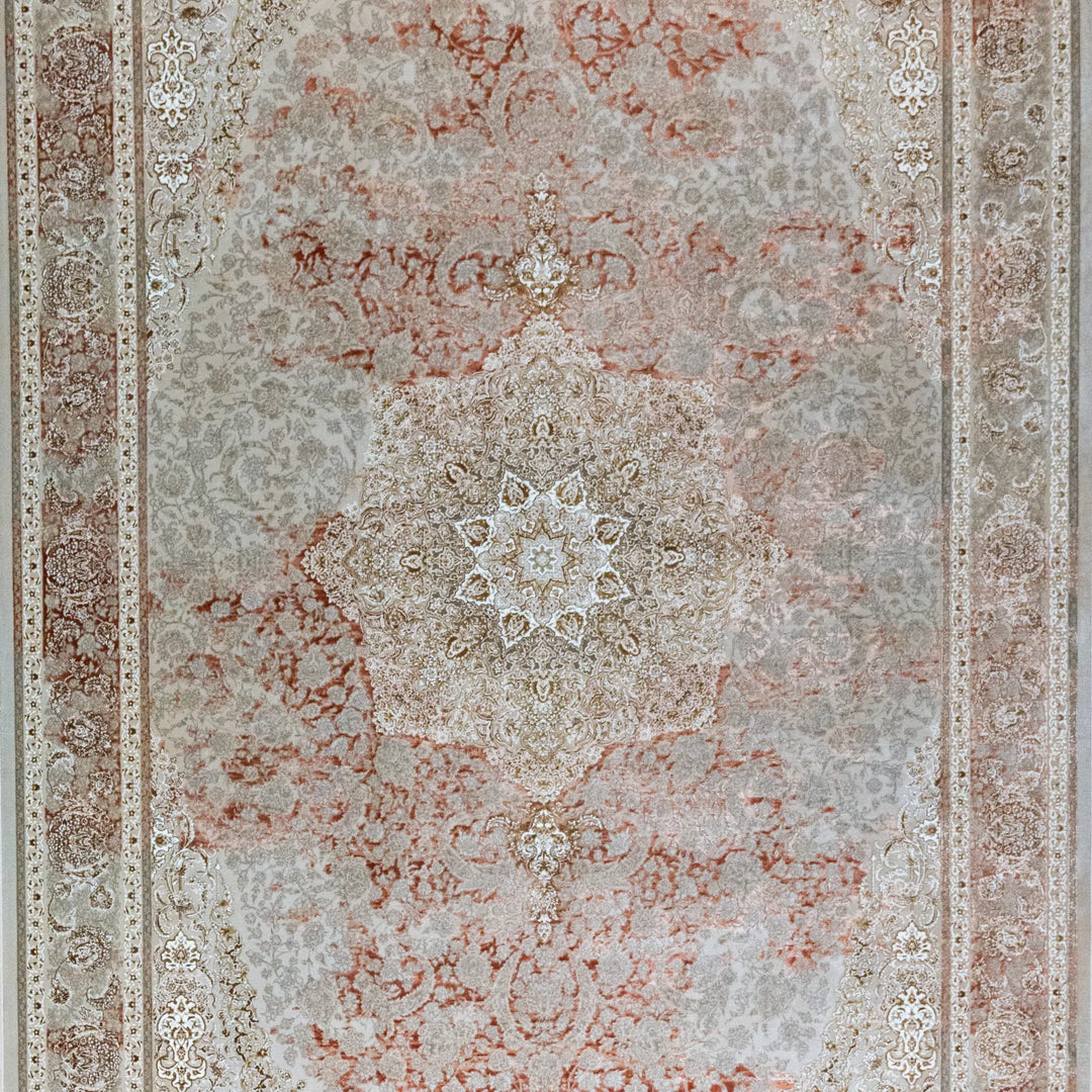 6' 7" x 9' 10" - BEIGE AND PINK MACHINE MADE FLORAL TURKISH RUG ( 200 x 300 CM )