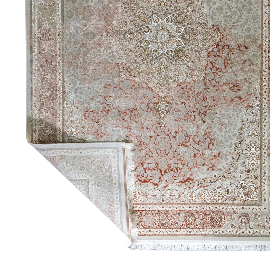 6' 7" x 9' 10" - BEIGE AND PINK MACHINE MADE FLORAL TURKISH RUG ( 200 x 300 CM )
