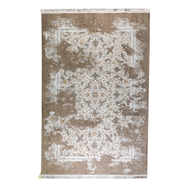 6' 7" x 9' 10" - WHITE AND BROWN MACHINE MADE FLORAL TURKISH RUG ( 200 x 300 CM )