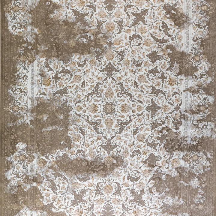 6' 7" x 9' 10" - WHITE AND BROWN MACHINE MADE FLORAL TURKISH RUG ( 200 x 300 CM )