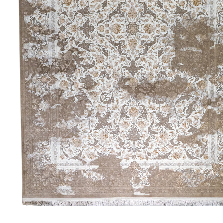 6' 7" x 9' 10" - WHITE AND BROWN MACHINE MADE FLORAL TURKISH RUG ( 200 x 300 CM )