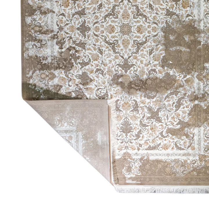 6' 7" x 9' 10" - WHITE AND BROWN MACHINE MADE FLORAL TURKISH RUG ( 200 x 300 CM )