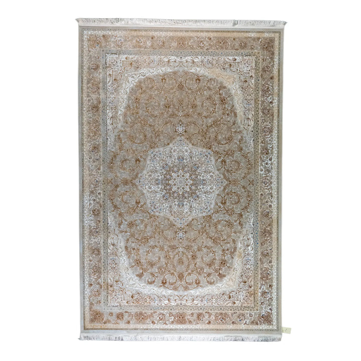 6' 7" x 9' 10" - WHITE AND BEIGE MACHINE MADE FLORAL TURKISH RUG ( 200 x 300 CM )