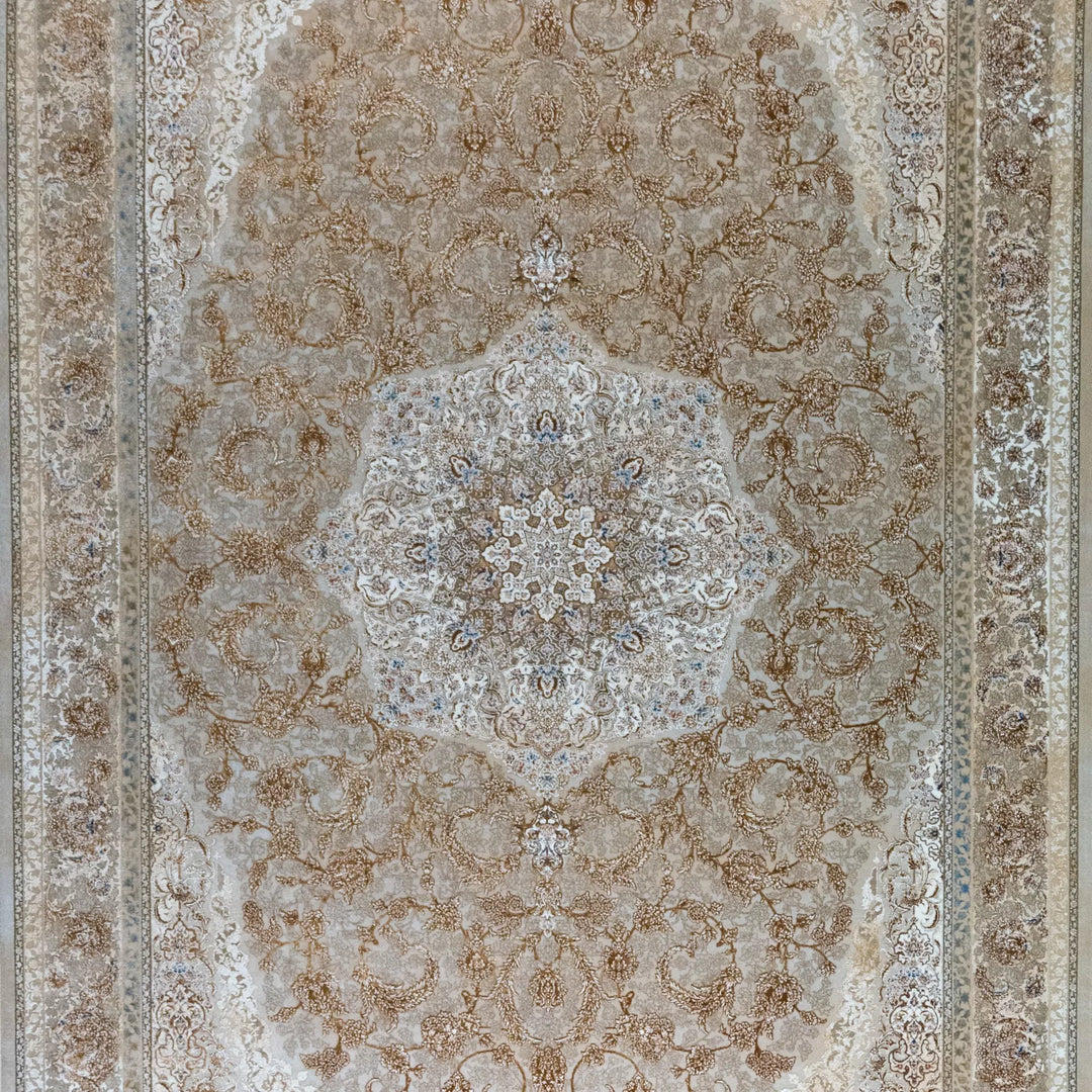 6' 7" x 9' 10" - WHITE AND BEIGE MACHINE MADE FLORAL TURKISH RUG ( 200 x 300 CM )