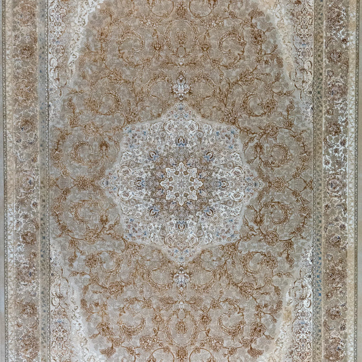 6' 7" x 9' 10" - WHITE AND BEIGE MACHINE MADE FLORAL TURKISH RUG ( 200 x 300 CM )