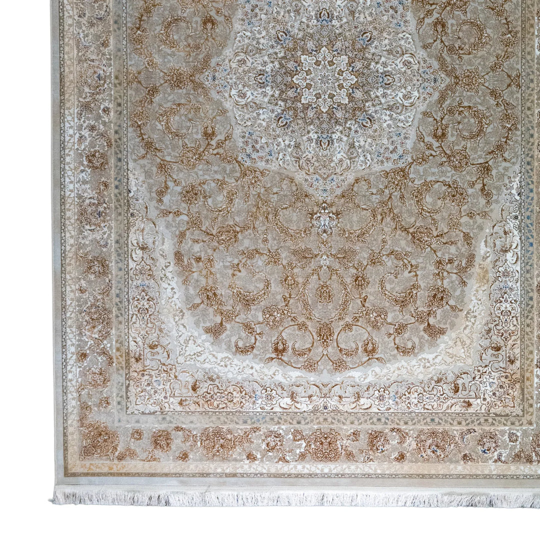 6' 7" x 9' 10" - WHITE AND BEIGE MACHINE MADE FLORAL TURKISH RUG ( 200 x 300 CM )