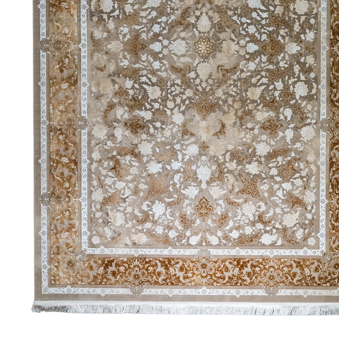 6' 7" x 9' 10" - BEIGE AND BROWN MACHINE MADE FLORAL TURKISH RUG ( 200 x 300 CM )