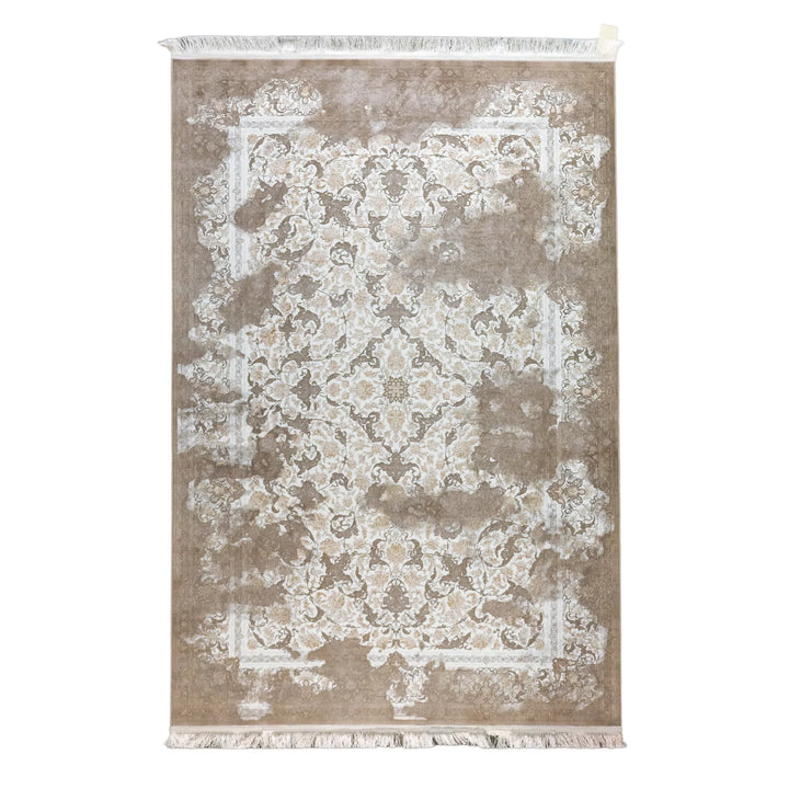 4' 11" x 7' 7" - WHITE AND BROWN MACHINE MADE FLORAL TURKISH RUG ( 150 x 231 CM )