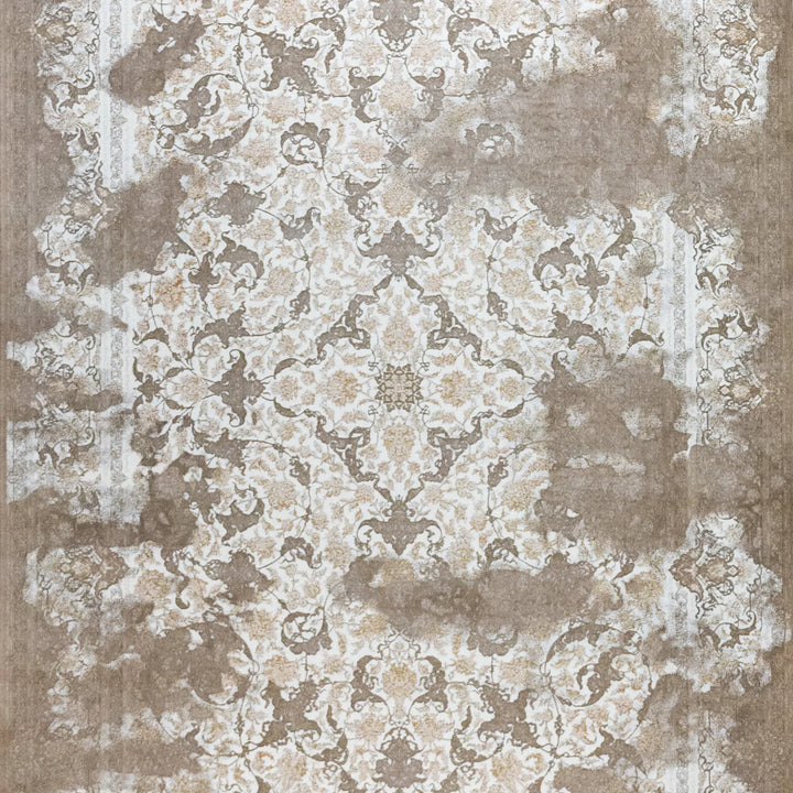 4' 11" x 7' 7" - WHITE AND BROWN MACHINE MADE FLORAL TURKISH RUG ( 150 x 231 CM )