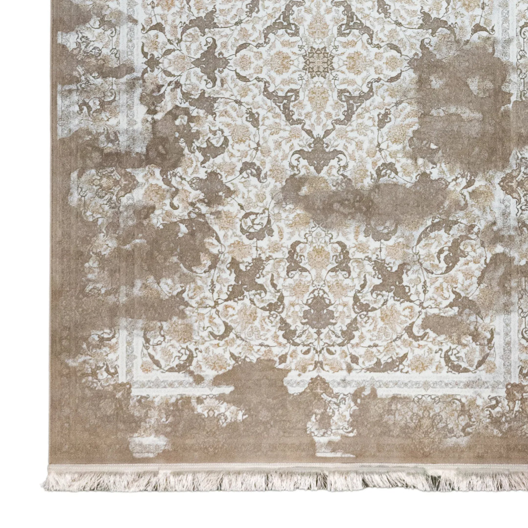 4' 11" x 7' 7" - WHITE AND BROWN MACHINE MADE FLORAL TURKISH RUG ( 150 x 231 CM )