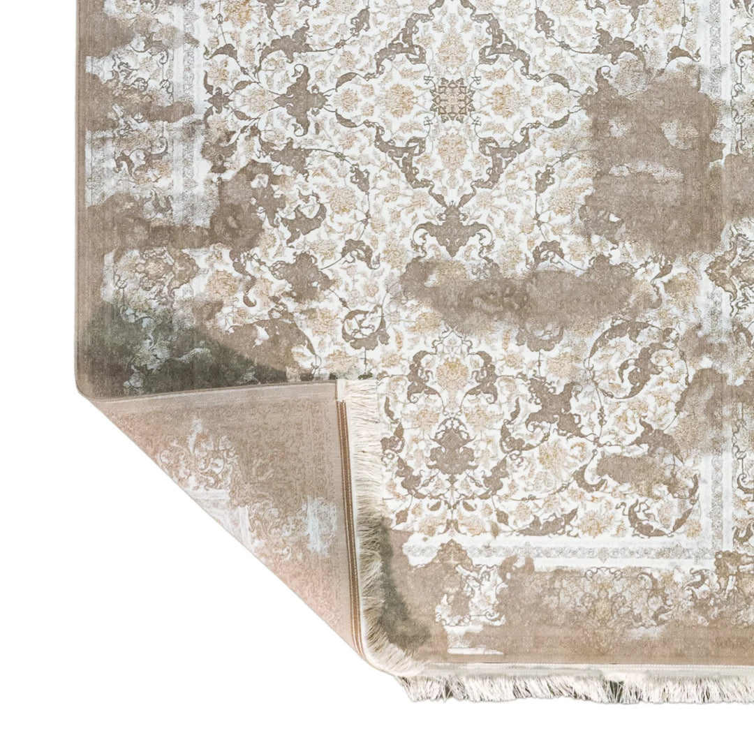 4' 11" x 7' 7" - WHITE AND BROWN MACHINE MADE FLORAL TURKISH RUG ( 150 x 231 CM )