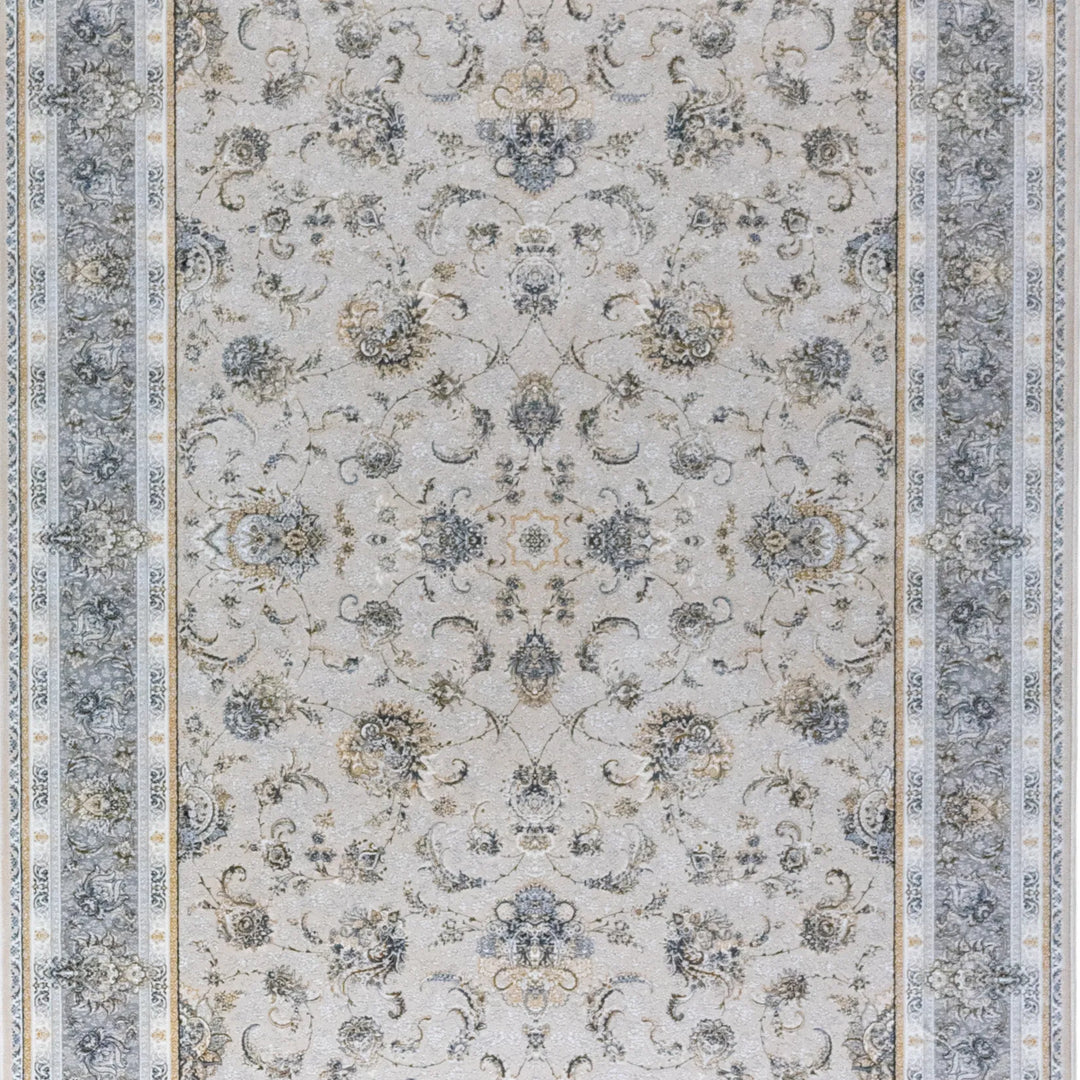 4' 11" x 7' 7" - WHITE AND GRAY MACHINE MADE FLORAL TURKISH RUG ( 150 x 231 CM )