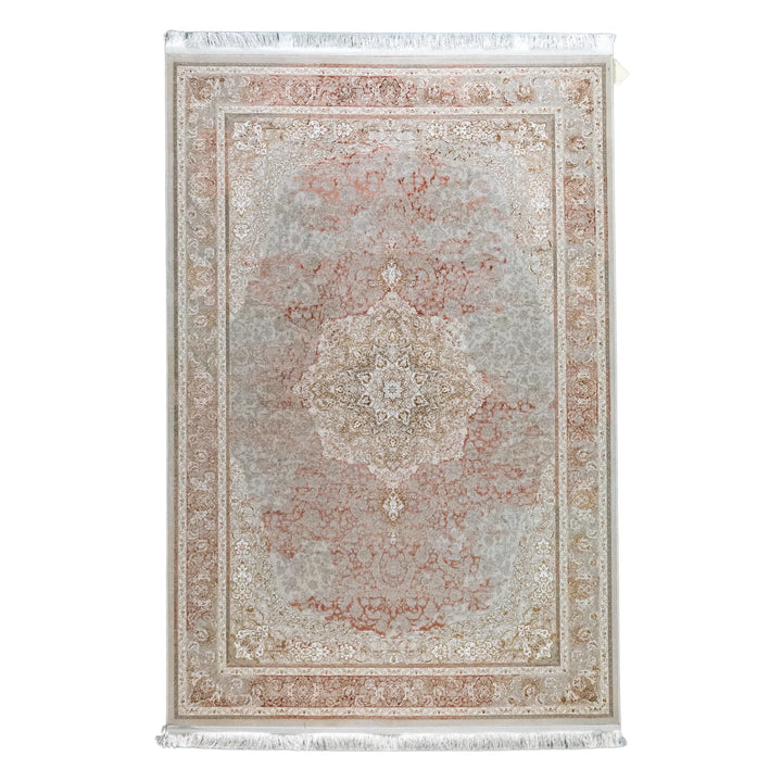 4' 11" x 7' 7" - WHITE AND PINK MACHINE MADE FLORAL TURKISH RUG ( 150 x 231 CM )