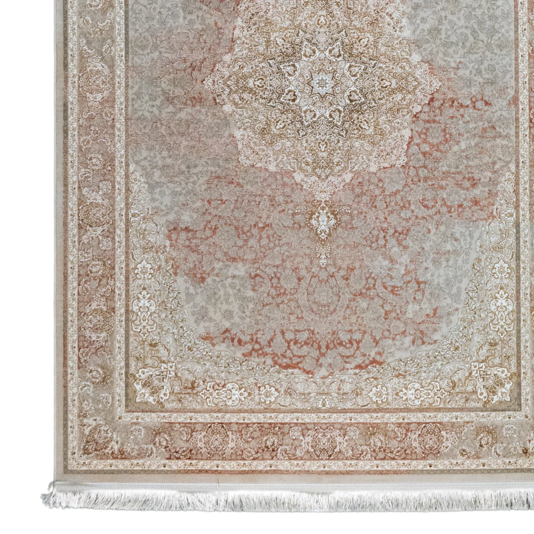 4' 11" x 7' 7" - WHITE AND PINK MACHINE MADE FLORAL TURKISH RUG ( 150 x 231 CM )