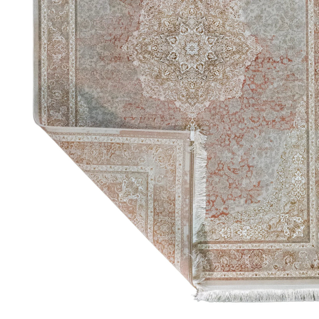 4' 11" x 7' 7" - WHITE AND PINK MACHINE MADE FLORAL TURKISH RUG ( 150 x 231 CM )