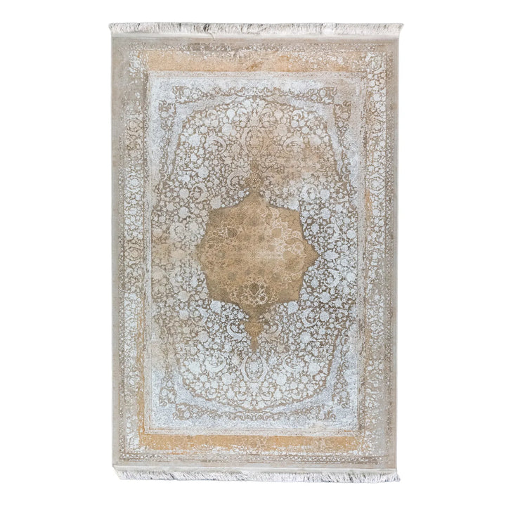 4' 11" x 7' 7" - BEIGE AND WHITE MACHINE MADE FLORAL TURKISH RUG ( 150 x 231 CM )