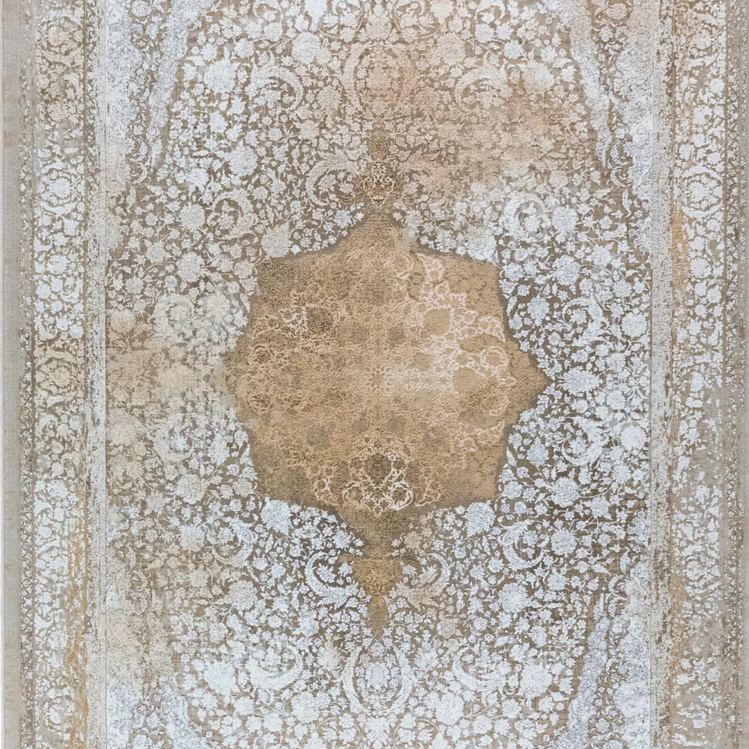 4' 11" x 7' 7" - BEIGE AND WHITE MACHINE MADE FLORAL TURKISH RUG ( 150 x 231 CM )