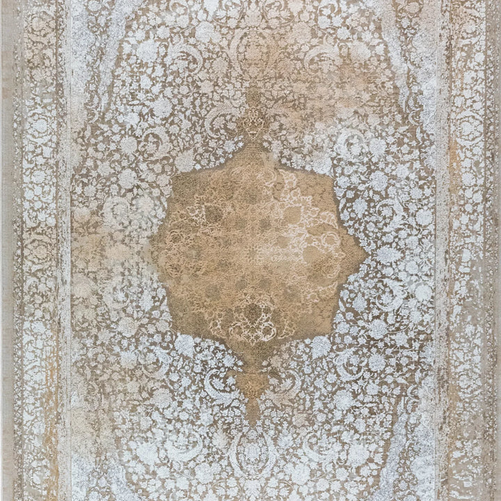 4' 11" x 7' 7" - BEIGE AND WHITE MACHINE MADE FLORAL TURKISH RUG ( 150 x 231 CM )