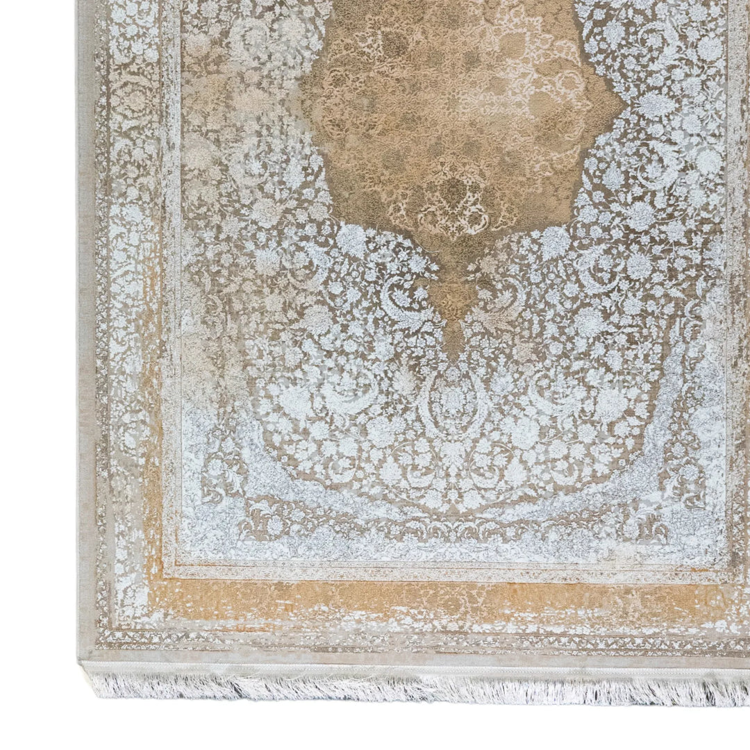 4' 11" x 7' 7" - BEIGE AND WHITE MACHINE MADE FLORAL TURKISH RUG ( 150 x 231 CM )