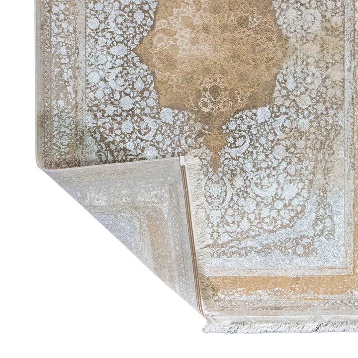 4' 11" x 7' 7" - BEIGE AND WHITE MACHINE MADE FLORAL TURKISH RUG ( 150 x 231 CM )