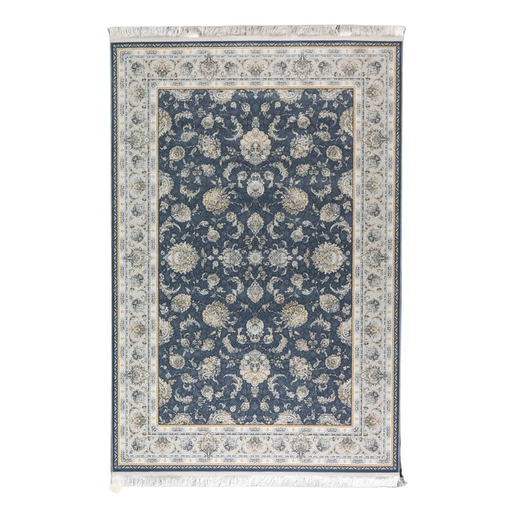 4' 11" x 7' 7" - BLUE AND BEIGE MACHINE MADE FLORAL TURKISH RUG ( 150 x 231 CM )