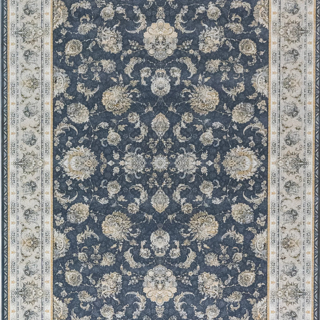 4' 11" x 7' 7" - BLUE AND BEIGE MACHINE MADE FLORAL TURKISH RUG ( 150 x 231 CM )