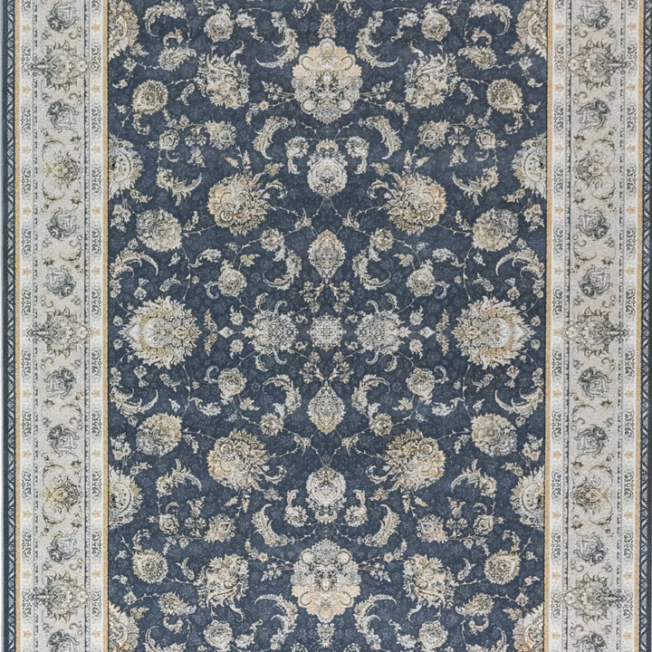 4' 11" x 7' 7" - BLUE AND BEIGE MACHINE MADE FLORAL TURKISH RUG ( 150 x 231 CM )