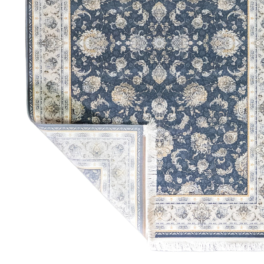 4' 11" x 7' 7" - BLUE AND BEIGE MACHINE MADE FLORAL TURKISH RUG ( 150 x 231 CM )