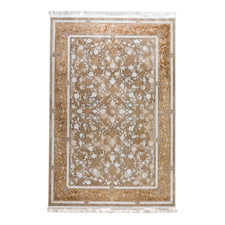 4' 11" x 7' 7" - WHITE AND BEIGE MACHINE MADE FLORAL TURKISH RUG ( 150 x 231 CM )
