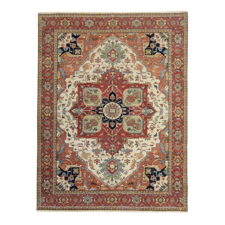 7' 9" x 10' 3" - IVORY AND RED SERAPI GEOMETRIC INDIAN RUG