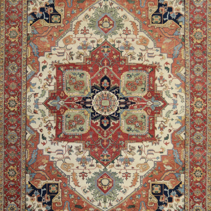 7' 9" x 10' 3" - IVORY AND RED SERAPI GEOMETRIC INDIAN RUG