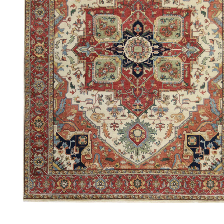 7' 9" x 10' 3" - IVORY AND RED SERAPI GEOMETRIC INDIAN RUG