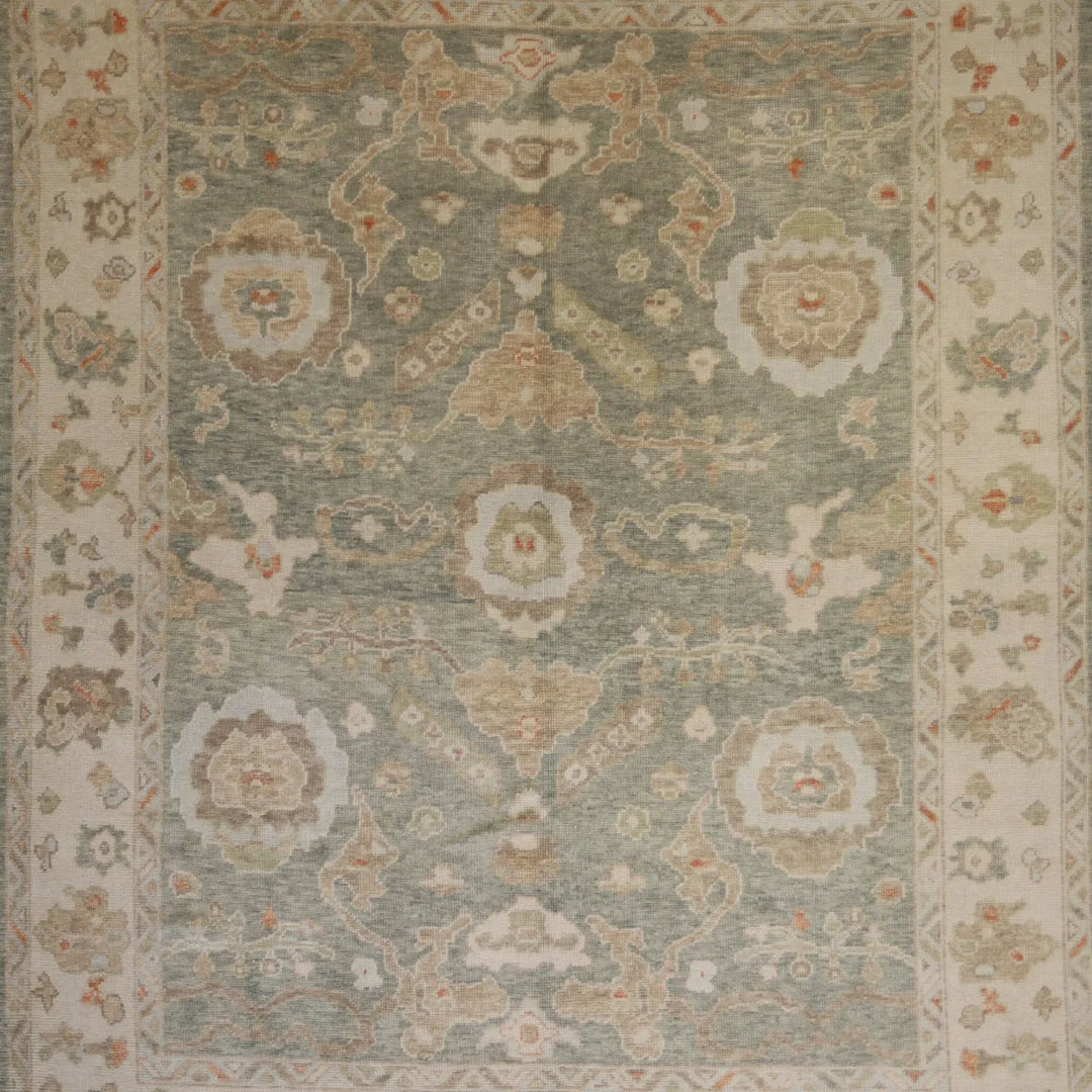 8' 3" x 10' 5" - GREEN AND IVORY OUSHAK GEOMETRIC TURKISH RUG