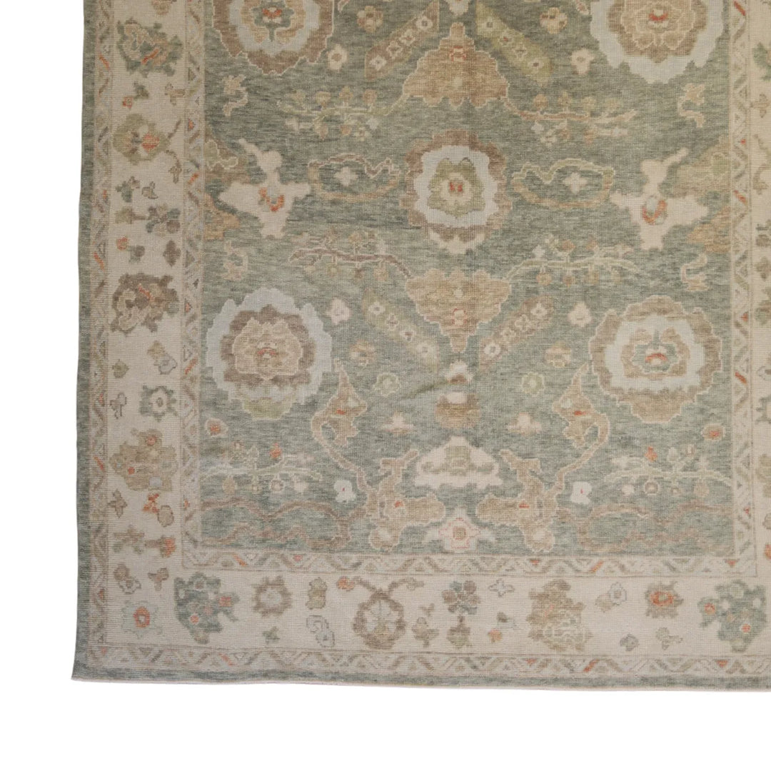 8' 3" x 10' 5" - GREEN AND IVORY OUSHAK GEOMETRIC TURKISH RUG