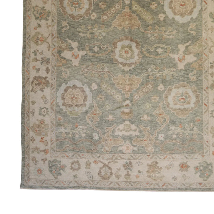 8' 3" x 10' 5" - GREEN AND IVORY OUSHAK GEOMETRIC TURKISH RUG