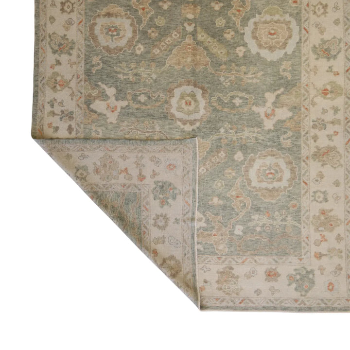 8' 3" x 10' 5" - GREEN AND IVORY OUSHAK GEOMETRIC TURKISH RUG