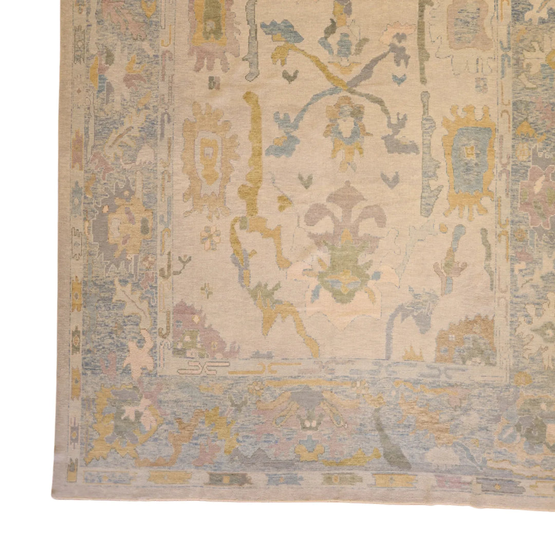 10'   3" x  14'   4" IVORY AND BLUE OUSHAK GEOMETRIC TURKISH RUG
