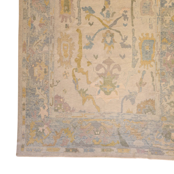 10'   3" x  14'   4" IVORY AND BLUE OUSHAK GEOMETRIC TURKISH RUG