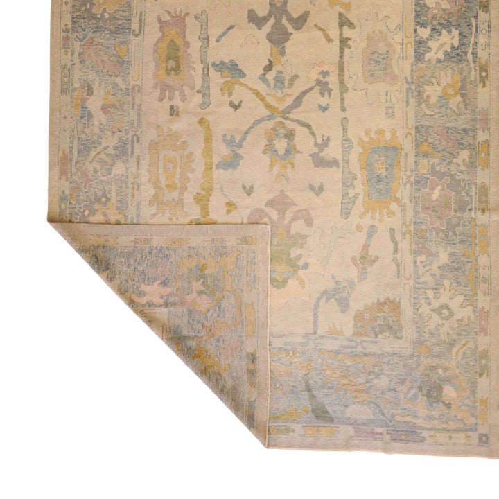 10'   3" x  14'   4" IVORY AND BLUE OUSHAK GEOMETRIC TURKISH RUG