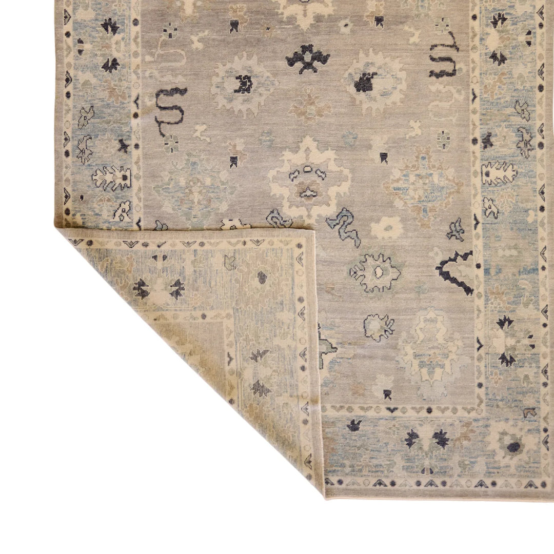 9' 0" x  14' 1" GRAY AND BLUE OUSHAK GEOMETRIC TURKISH RUG