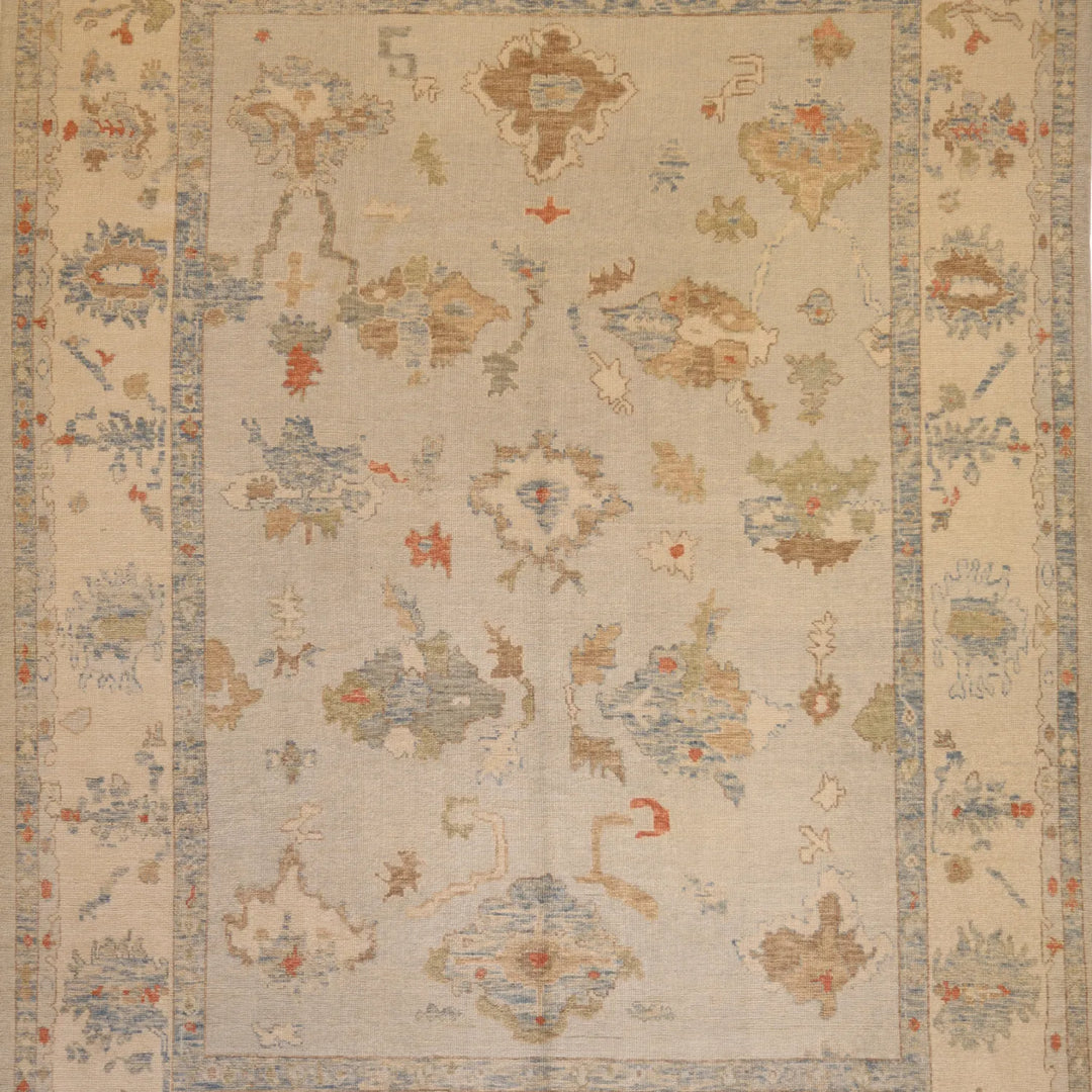 10'   2" x  14'   5" BLUE AND IVORY OUSHAK GEOMETRIC TURKISH RUG