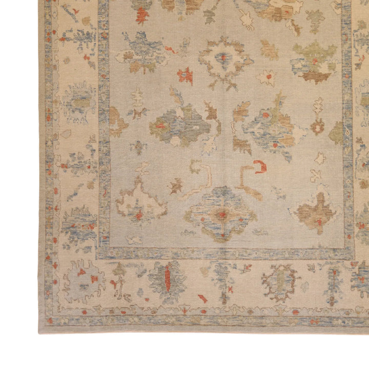 10'   2" x  14'   5" BLUE AND IVORY OUSHAK GEOMETRIC TURKISH RUG