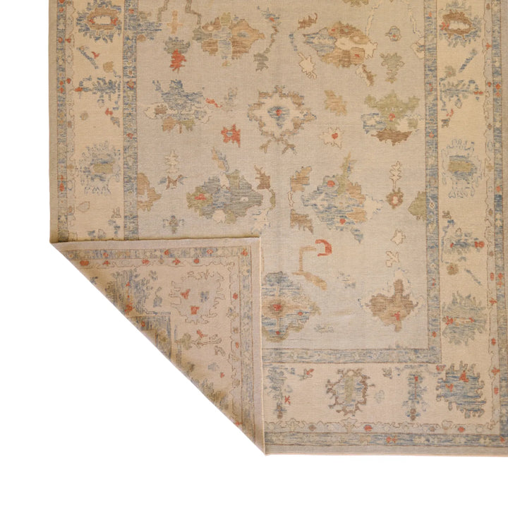 10'   2" x  14'   5" BLUE AND IVORY OUSHAK GEOMETRIC TURKISH RUG