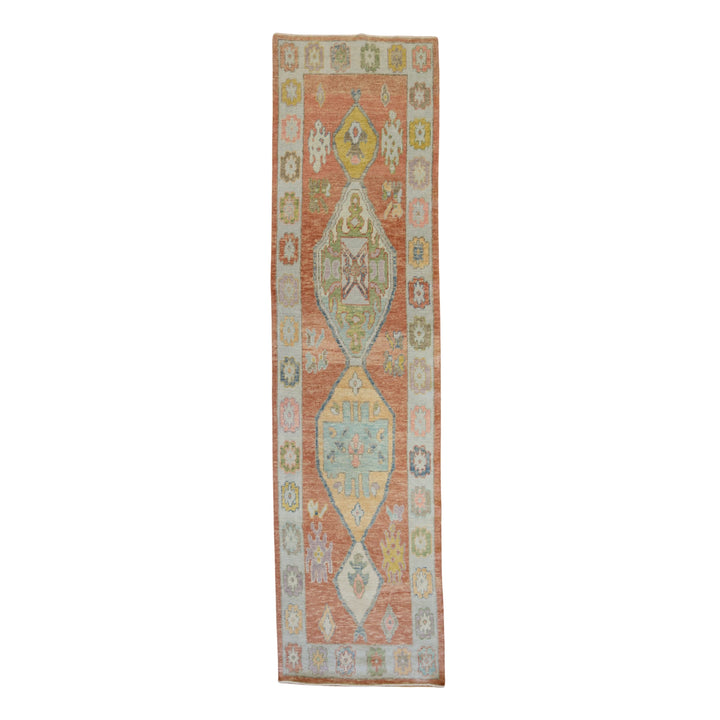 3'3" x 12'8" SALMON AND BLUE OUSHAK GEOMETRIC TURKISH RUG